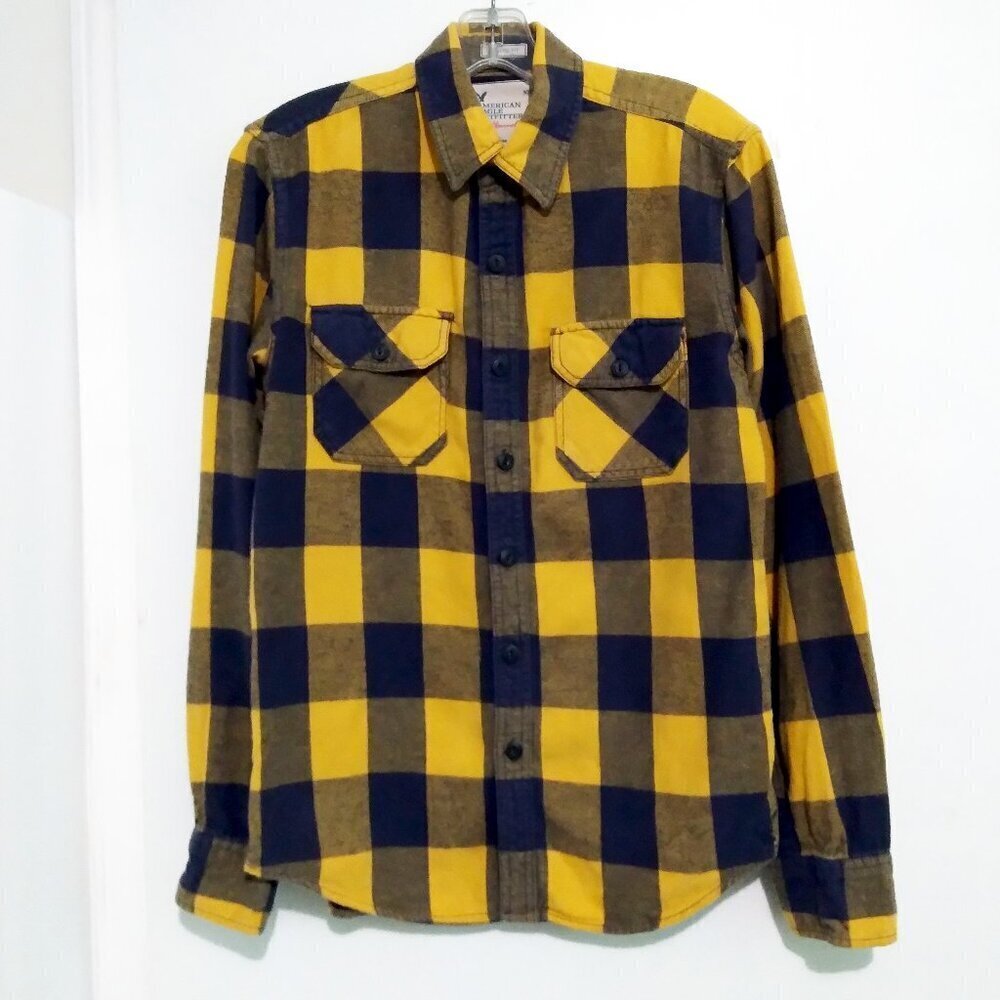 AE Flannel No 77 Men's Yellow & Black  Windowpane Flannel Shirt Sz S/P